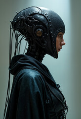 Black clad cyborg woman wears intricate headgear.