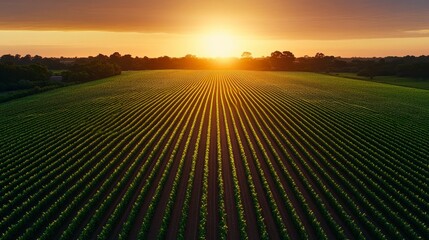 Sunset over lush vineyard rows in serene landscape