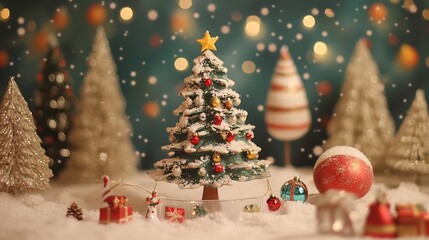 Obraz premium Beautifully Decorated Christmas Tree with Twinkling Lights and Ornaments in Snowy Winter Wonderland