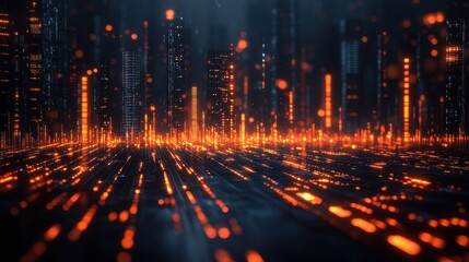 Bright orange lines rise from dark ground, creating a vibrant, futuristic cityscape