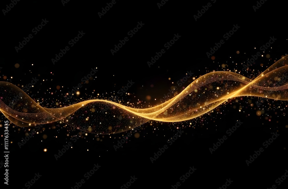 Poster A mesmerizing abstract background with swirling golden light trails and sparkling particles set against deep black, evoking elegance and luxury.