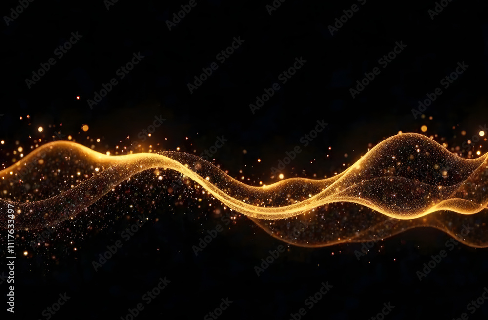 Poster a mesmerizing abstract background with swirling golden light trails and sparkling particles set agai