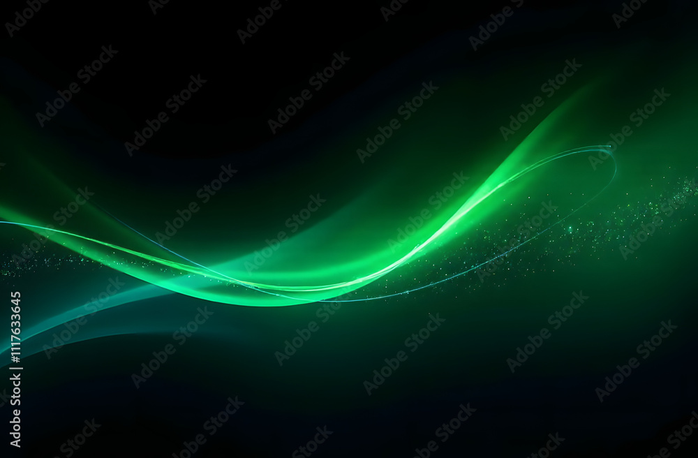 Poster smooth, flowing green light waves on a dark background create a futuristic, vibrant design filled wi