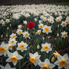 Obraz premium A red rose in a field of white daffodils.