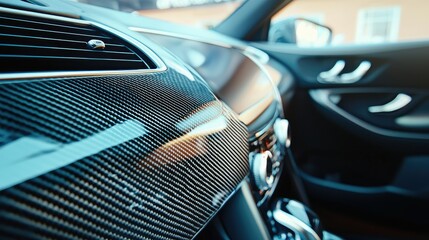 Close-up of a carbon fiber car interior dashboard.