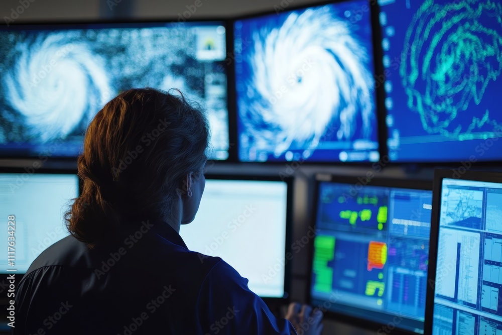 Aufkleber a weatherperson carefully analyzing meteorological data on multiple computer screens, with graphs an