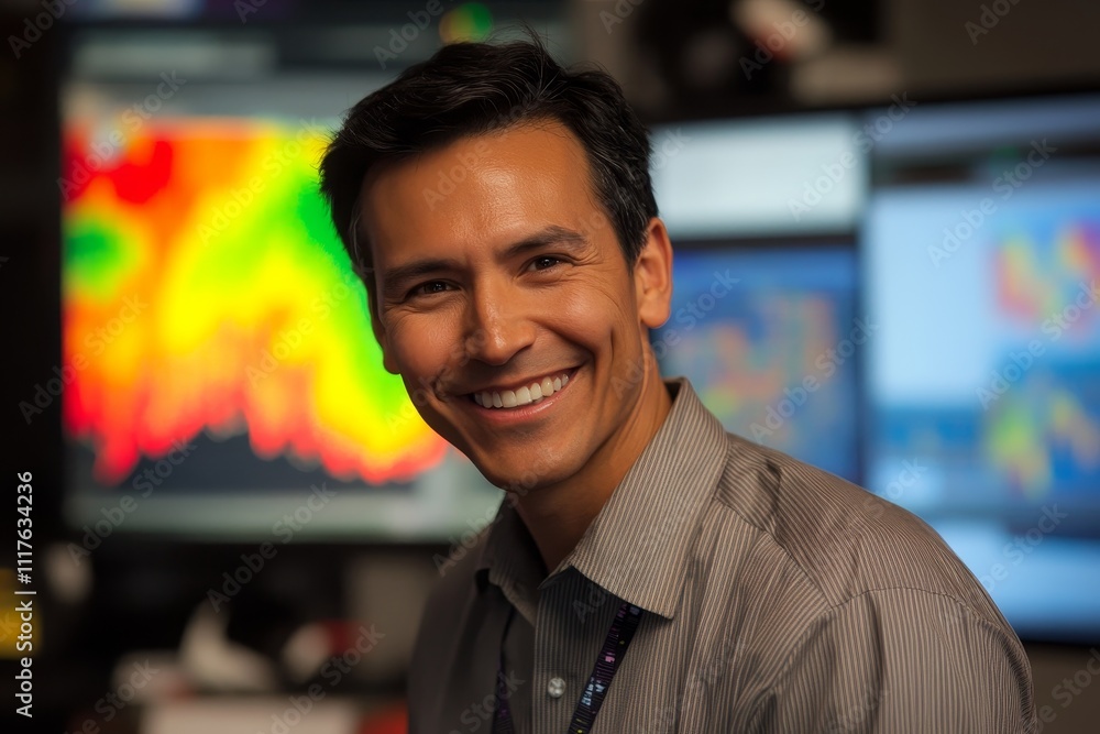 Aufkleber portrait of a smiling middle-aged male meteorologist, standing in front of a computer screen showing