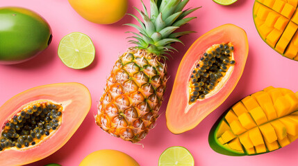 exotic fruits on pink background