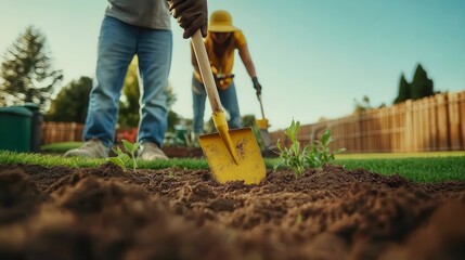 Gardening couple planting seedlings in sunny backyard