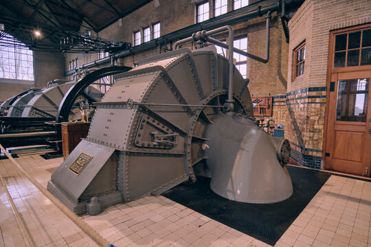 Historic Interior of Woudagemaal steam drainage pumpingstation with Steam Engine Machinery and centrifugal pumps in Lemmer, Friesland, Nehterlands