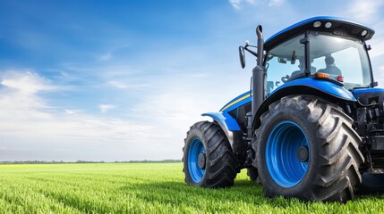 Obraz premium Blue tractor in a lush green field under a bright sky