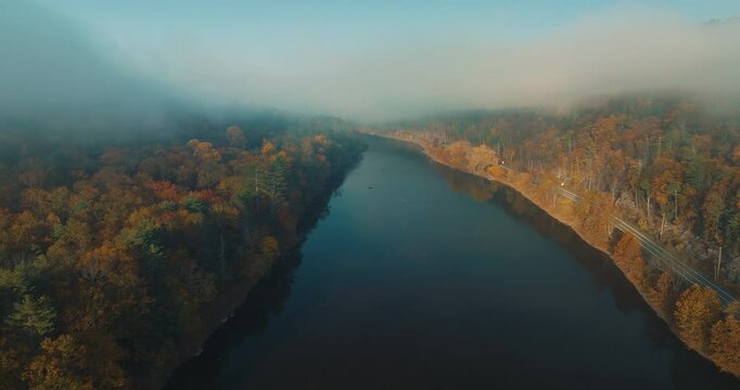 Aerial view of Delaware river on a foggy morning