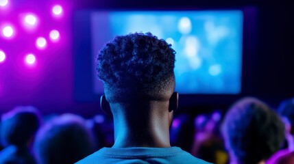 Audience captivated by movie on bright screen