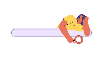 Vector search window or navigation element. Cartoon woman with UI web interface symbol for query typing or searching function. Software data and user friendly field. Interactive digital technology
