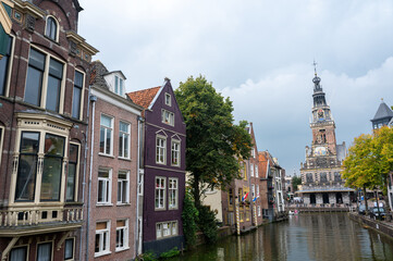 Fototapeta premium Alkmaar, Netherlands, - View of the city with the water canal and the weighing house