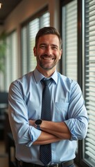 Fototapeta premium A charismatic man stands confidently in a modern office, his arms crossed and a warm smile lighting up his face. Dressed in a light blue shirt and a dark tie, he exudes professionalism and