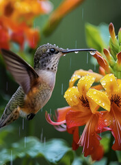 Fototapeta premium A hummingbird hovering near vibrant flowers, with raindrops dripping from its beak.