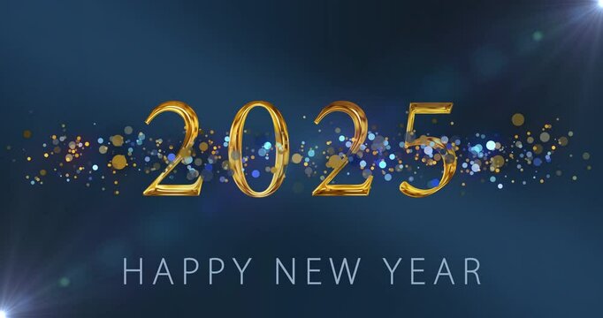 Luxury golden classy 2025 wishing background with particles 4K. Dust gold particles 2025 Happy New Year dark bg. Glittering wishes message starting. Christmas sparkling season greetings confetti clip.