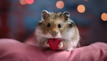 Heartfelt Hamster Moment: A tiny hamster holding a miniature heart-shaped treat, sitting on a pink cushion.