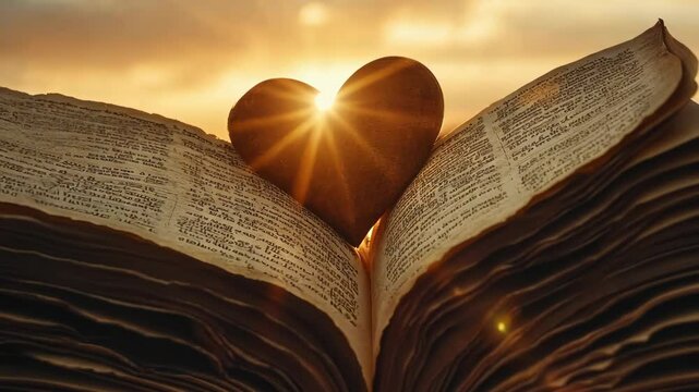 pages of an old book with the shape of a heart against the background