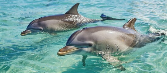 Obraz premium Two Dolphins Swimming in Turquoise Waters