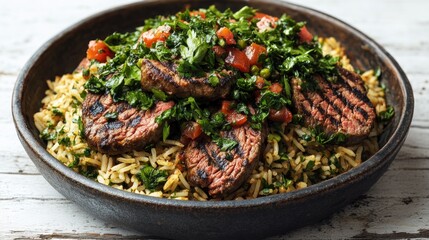 Savory grilled steak garnished with vibrant herbs and tomatoes sits atop fragrant rice