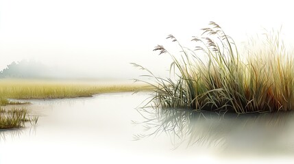Watercolor, Marshlands are vital ecosystems supporting wildlife plants and climate balance requiring restoration to protect nature. Serene Marsh Landscape with Grasses and Calm Water