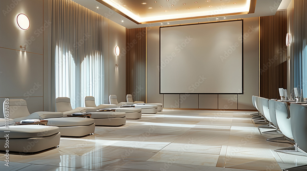 Aufkleber a luxurious conference room, featuring a large projector screen and an elegant, rectangular layout.