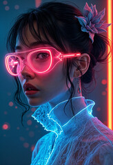 Neon glasses adorn a woman wearing glowing lace.