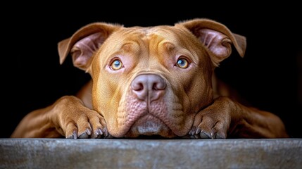 A brown dog with soulful eyes rests its head on a ledge, conveying a sense of longing and solitude
