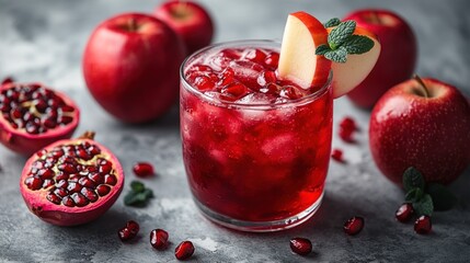 A vibrant glass of pomegranate and apple drink sits amidst fresh fruits and mint leaves