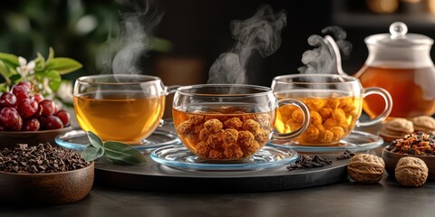 A cozy arrangement of steaming tea in glass cups, accompanied by nuts and fruits, set against a dark, inviting background.