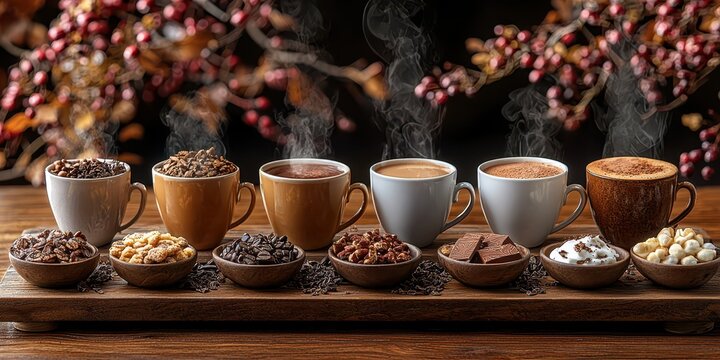 A beautifully arranged display of various coffee cups, each paired with distinct treats, surrounded by autumn foliage.