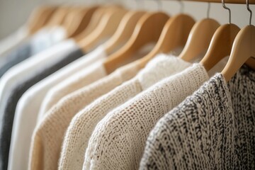 Obraz premium Warm and inviting atmosphere created by cozy knitted sweaters in neutral colors hanging on wooden hangers in a wardrobe for the autumn or winter season
