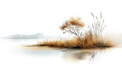 Watercolor, Marshlands are vital ecosystems supporting wildlife plants and climate balance requiring restoration to protect nature. Tranquil Autumn Landscape with Reflection and Nature Elements