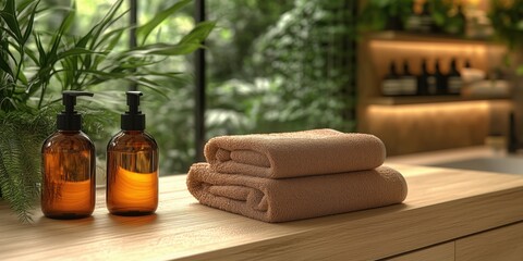 Neatly folded towels and matching amber soap dispensers on a light wood bathroom counter with a lush green view and softly lit shelving unit in the background