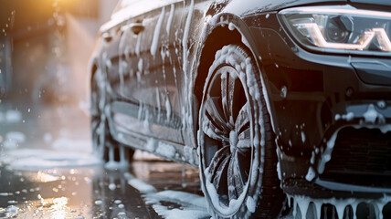 Car Wash with White Soap Foam