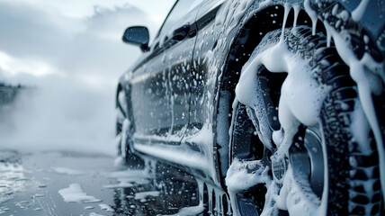 Car Wash with White Soap Foam