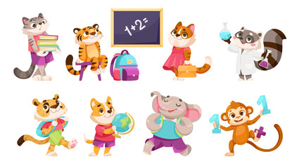 Animal School Student and Pupil Enjoy Study Vector Set