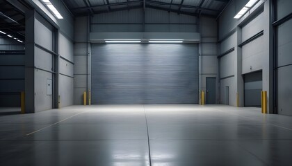 Obraz premium A large industrial warehouse with a closed metal roller shutter door, concrete floor, and fluorescent lighting illuminating the interior