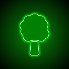 Tree simple icon vector. Flat design. Green neon on black background with green light