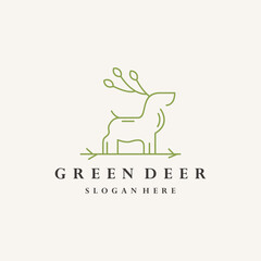 Green Deer Logo Design with Leaf Antlers on White Background Vector