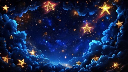 Fototapeta premium Celestial stars fill the fantasy night sky. Stars illuminate the universe and inspire dreams. Atmospheric illustrations, vibrant yet serene, ideal for decorative and imaginative art.