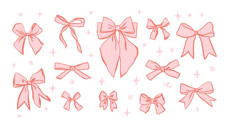 Set of hand drawn pink bows in coquette aesthetic, doodle bow knots ang gift bows for decoration valentine gift