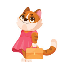 Cat with Bag as Animal School Student and Pupil Enjoy Study Vector Illustration