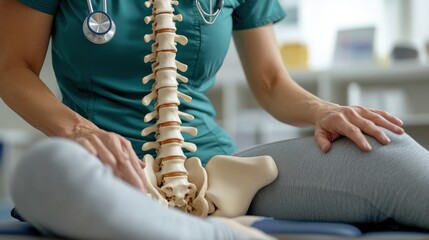 A doctor is sitting with a model of a spine in front of them.
