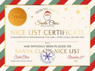New Year Official Nice List Certificate, Letter From The Desk Of Santa, North Pole Mail With Golden Elements, Official Santa Seal	