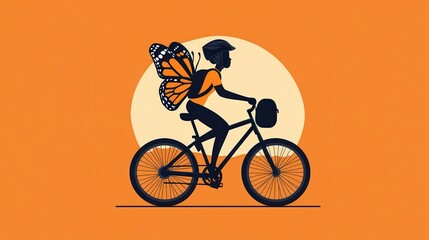 Fototapeta premium Whimsical cyclist with butterfly wings against sunset