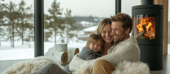 family hug in a modern living room, sitting on a sheepskin, background modern stove with fire