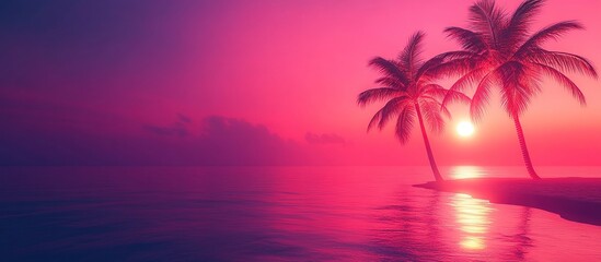 A serene sunset over the ocean with silhouetted palm trees.
